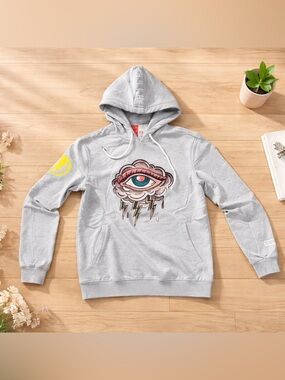 Gray Fleece Pullover Hoodie Men's Eye Graphic Print Hooded Drawstring